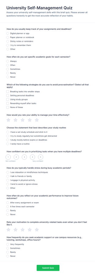 University Self Management Quiz Form Template