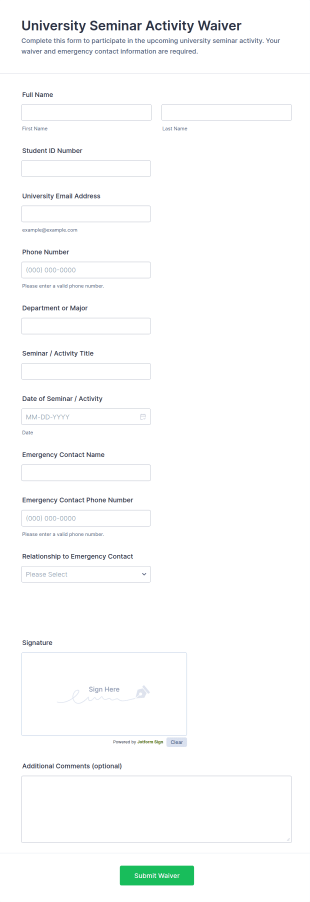 University Seminar Activity Waiver Form Template