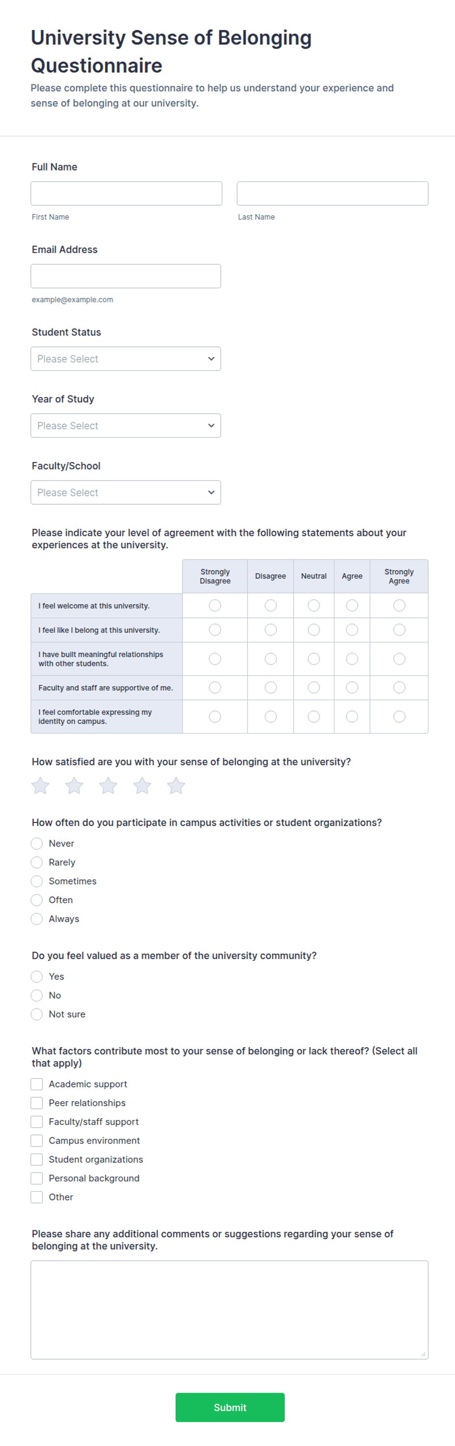 University Sense of Belonging Questionnaire Form Template | Jotform