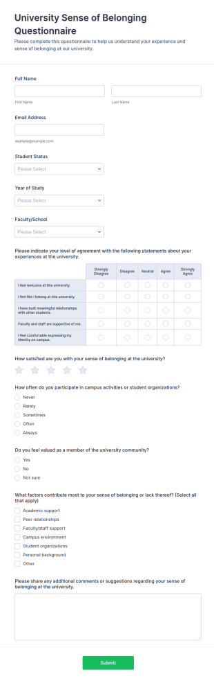 University Sense Of Belonging Questionnaire Form Template
