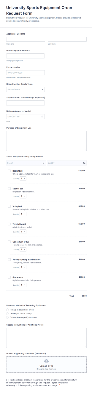 University Sports Equipment Order Request Form Template