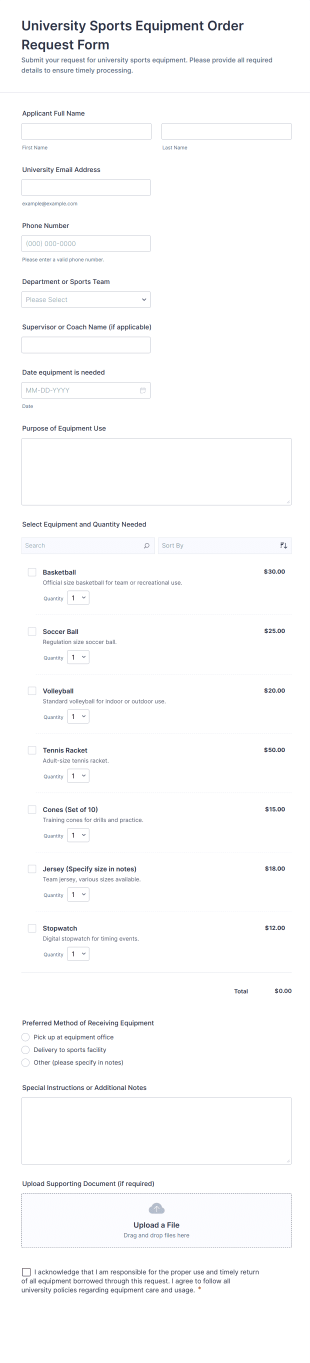 University Sports Equipment Order Request Form Template