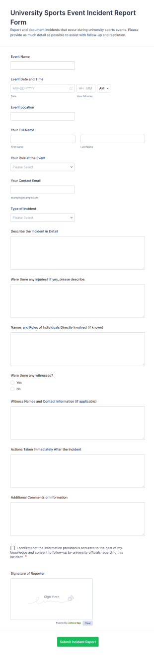 University Sports Event Incident Report Form Template