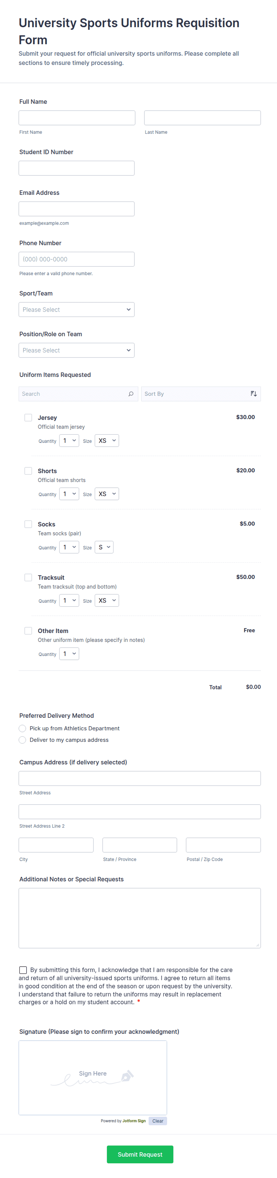University Sports Uniforms Requisition Form Template | Jotform