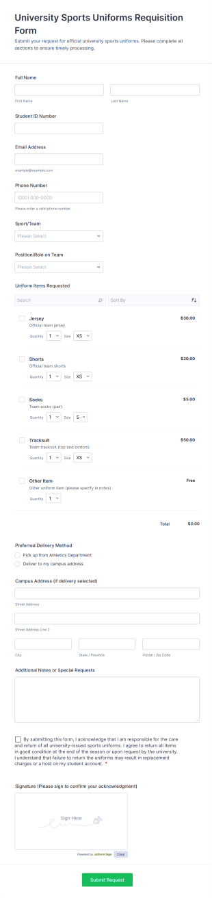University Sports Uniforms Requisition Form Form Template