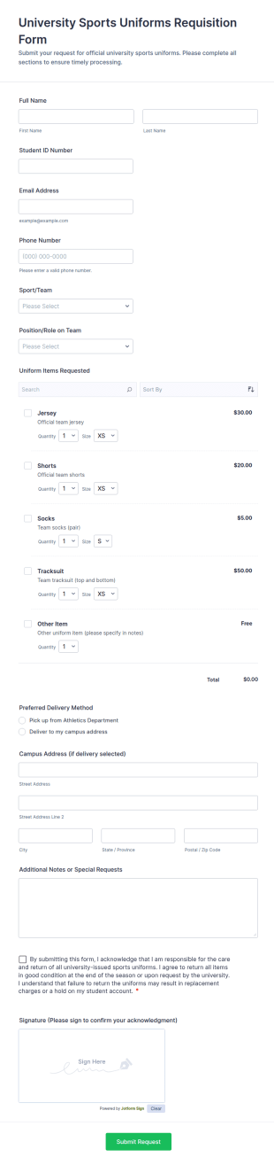 University Sports Uniforms Requisition Form Template