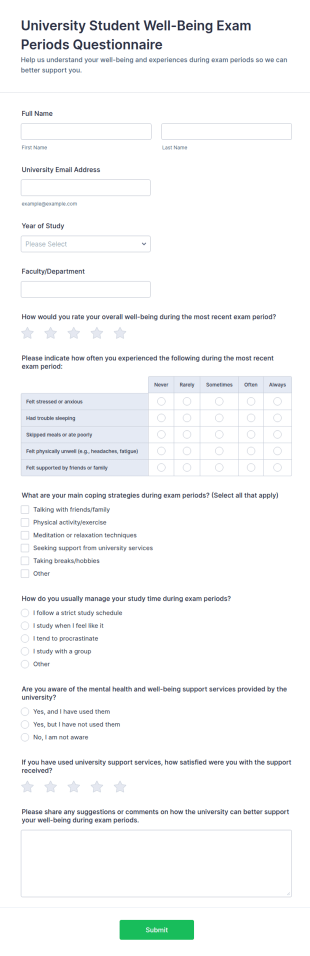 University Student Well Being Exam Periods Questionnaire Form Template