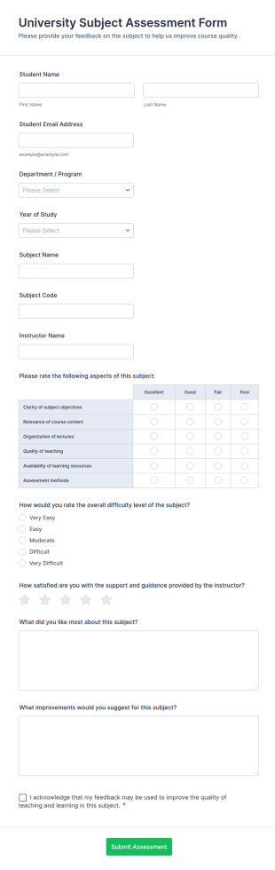 University Subject Assessment Form Template