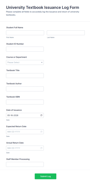 University Textbook Issuance Log Form Template