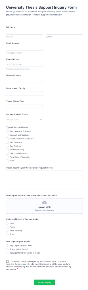 University Thesis Support Inquiry Form Template