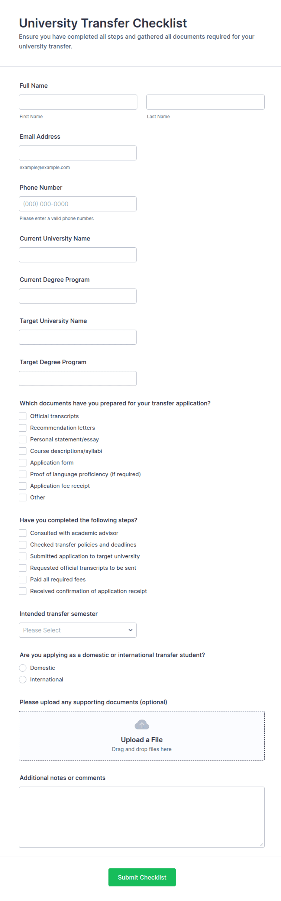 University Transfer Checklist Form Template | Jotform