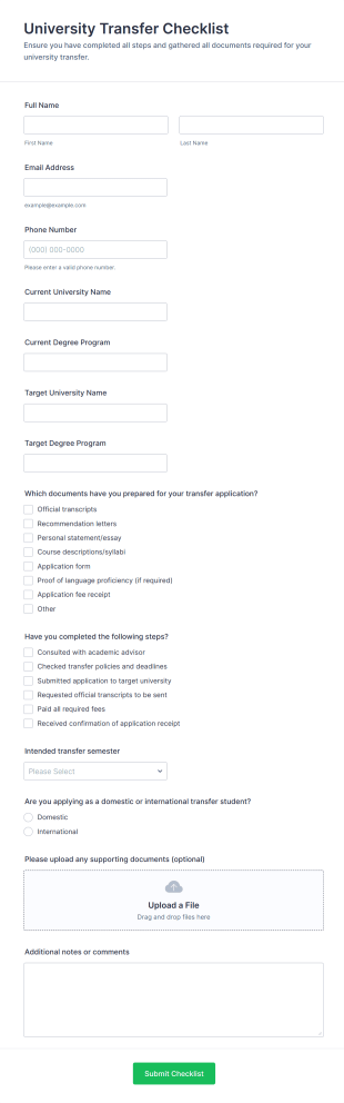 University Transfer Checklist Form Template