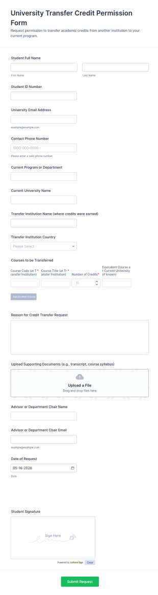 University Transfer Credit Permission Form Template