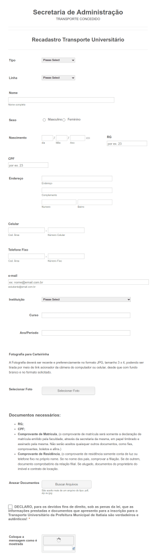 University Transportation Registration Form In Portuguese
