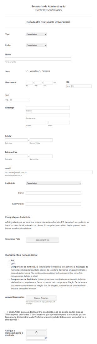 University Transportation Registration Form In Portuguese