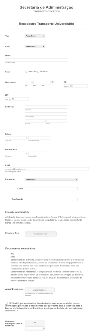 University Transportation Registration Form In Portuguese Form Template