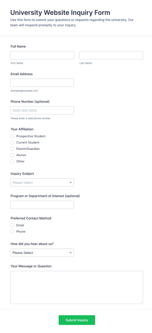 University Website Inquiry Form Template