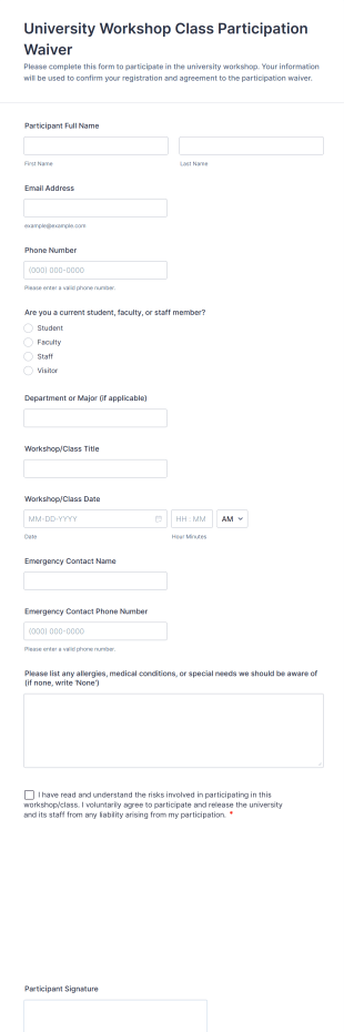 University Workshop Class Participation Waiver Form Template
