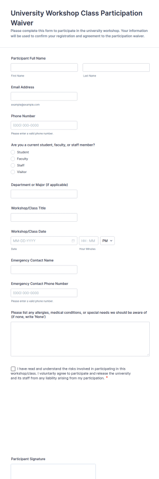 University Workshop Class Participation Waiver Form Template