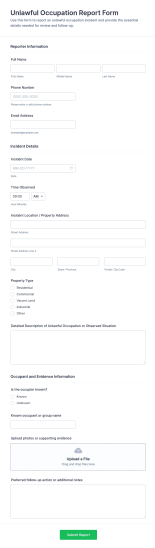 Unlawful Occupation Report Form Template