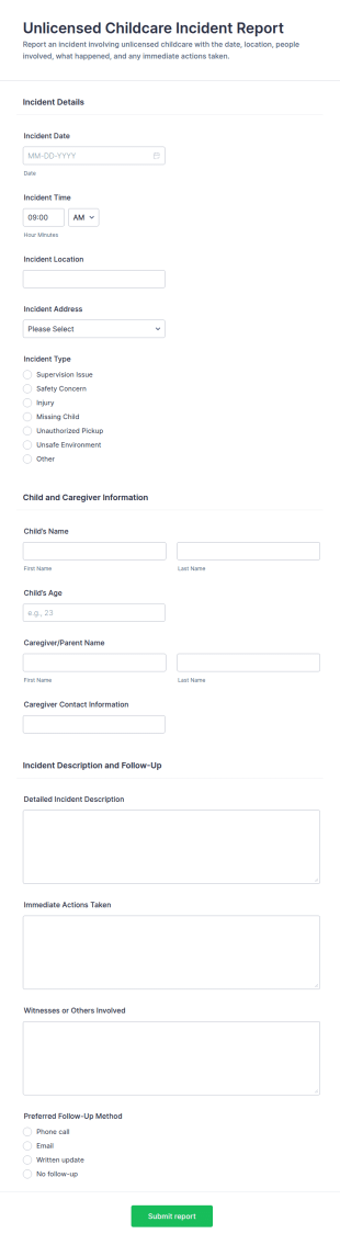 Unlicensed Childcare Incident Report Form Template