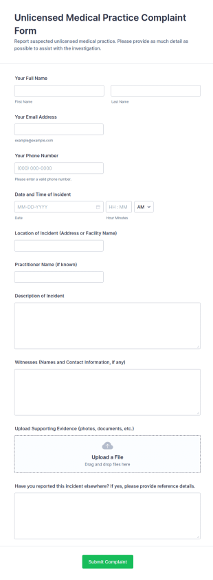 Unlicensed Medical Practice Complaint Form Template