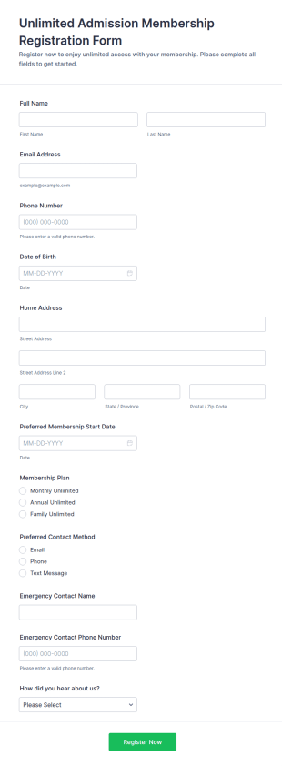 Unlimited Admission Membership Registration Form Template