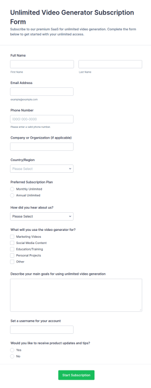 Unlimited Video Generator Subscription Signup Form Template