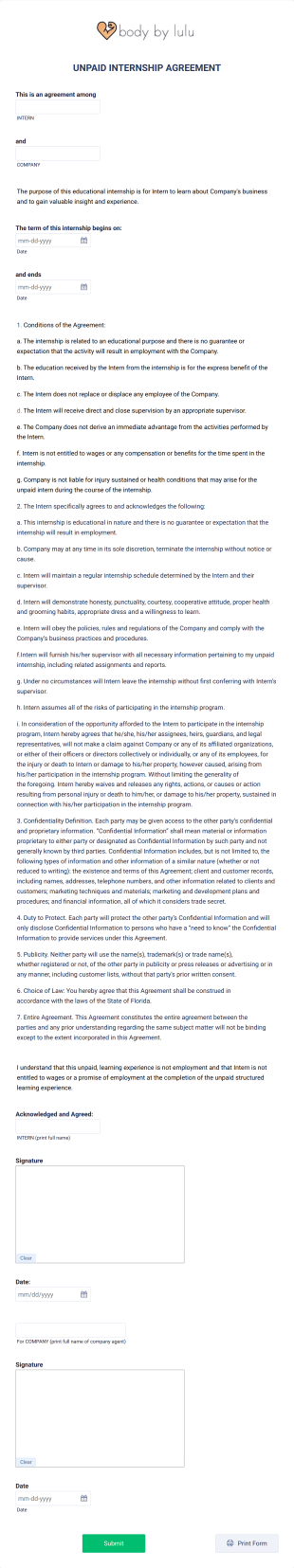 Unpaid Internship Agreement Form Template