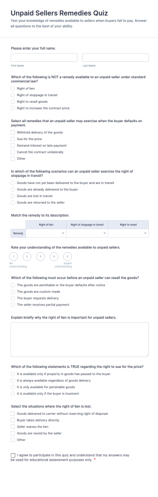 Unpaid Sellers Remedies Quiz Form Template
