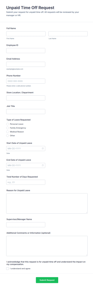 Unpaid Time Off Request Form Template