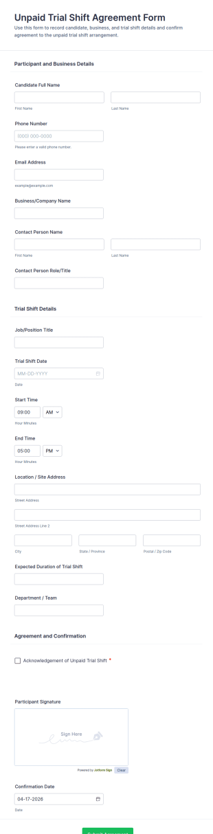 Unpaid Trial Shift Agreement Form Template