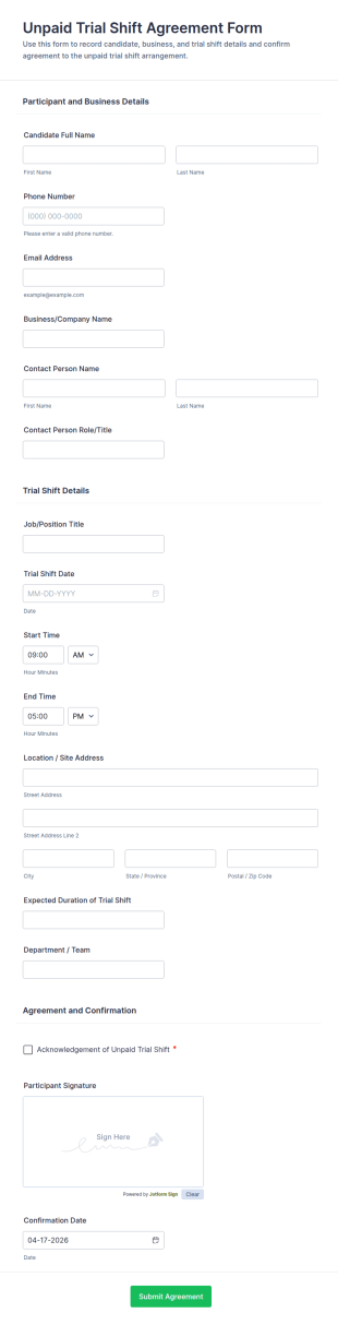 Unpaid Trial Shift Agreement Form Template