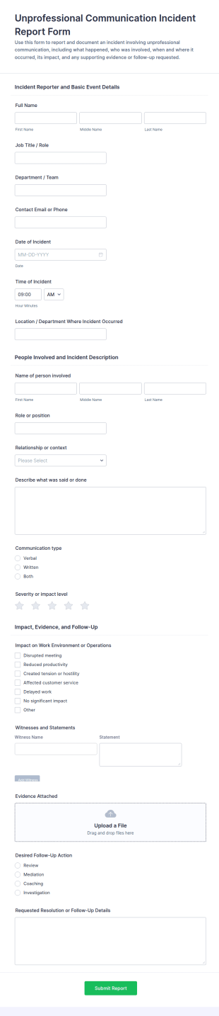Unprofessional Communication Incident Report Form Template