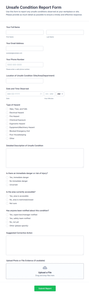 Unsafe Condition Report Form Template