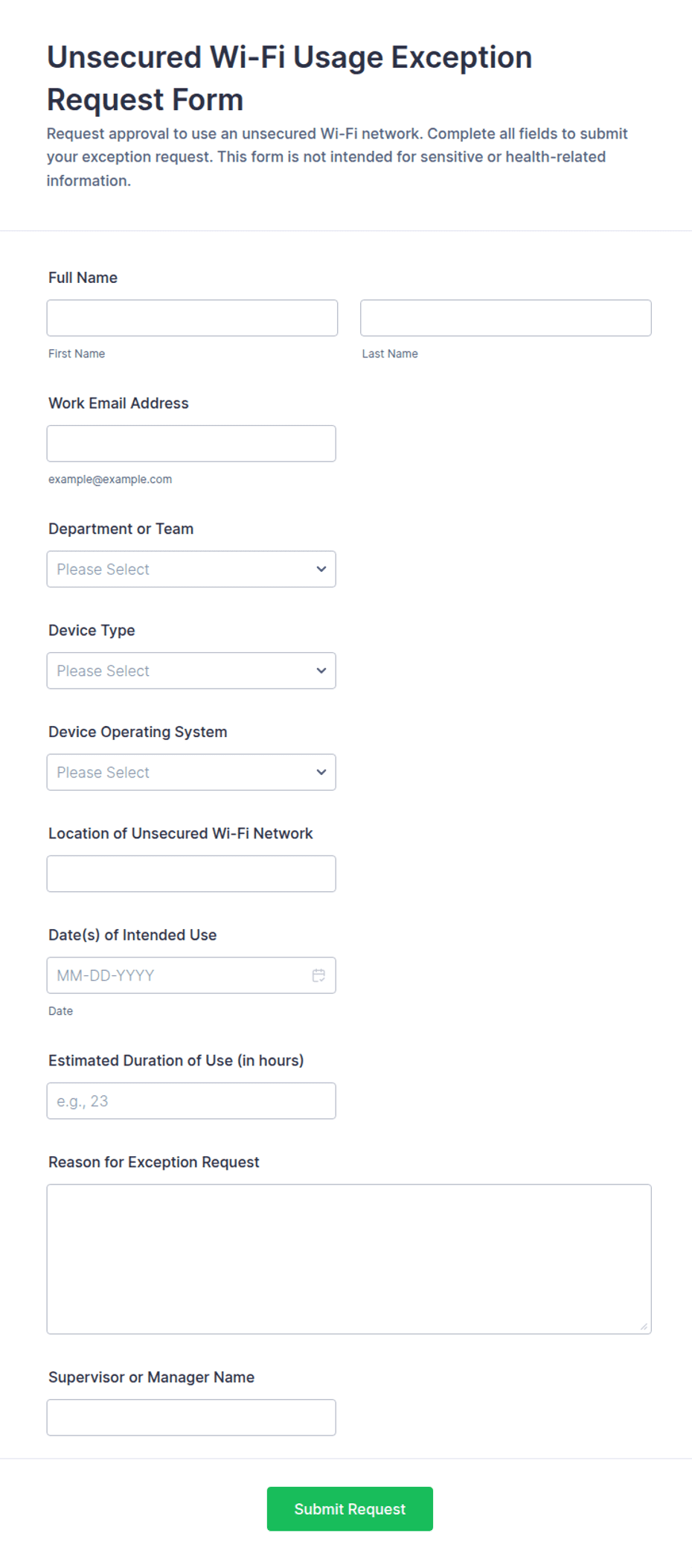 Unsecured Wi-Fi Usage Exception Request Form Template | Jotform
