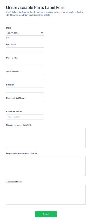 Unserviceable Parts Label Form Template