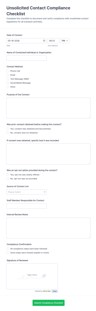 Unsolicited Contact Compliance Checklist Form Template