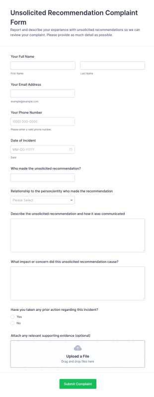 Unsolicited Recommendation Complaint Form Template