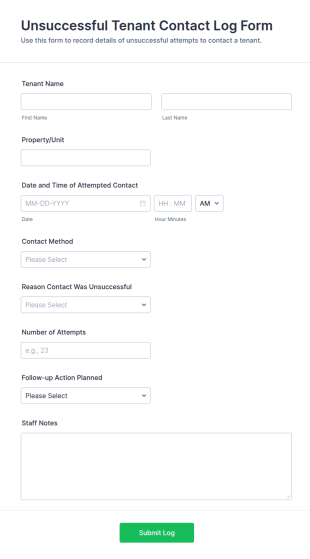 Unsuccessful Tenant Contact Log Form Template