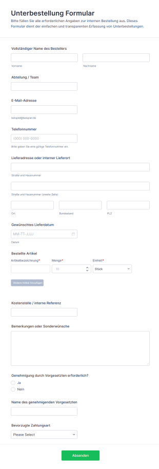 Unterbestellung Formular