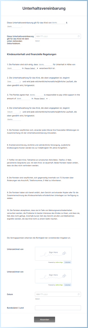 Unterhaltsvereinbarung Form Template