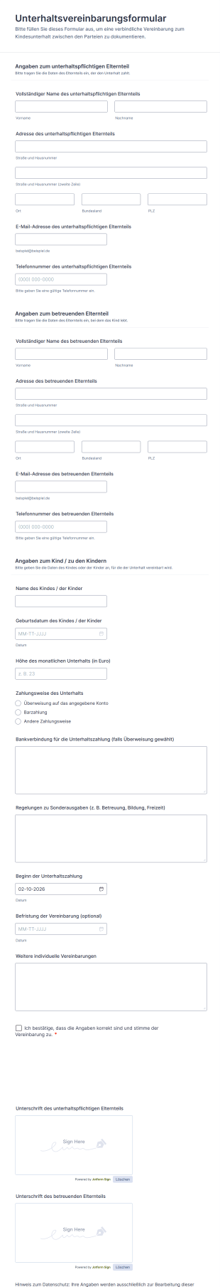 Unterhaltsvereinbarungsformular