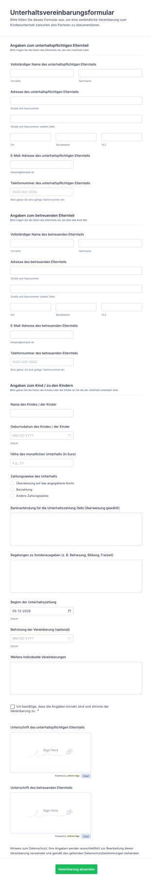 Unterhaltsvereinbarungsformular
