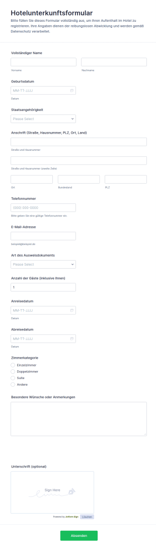 Unterkunftsformular Für Hotels 🏨