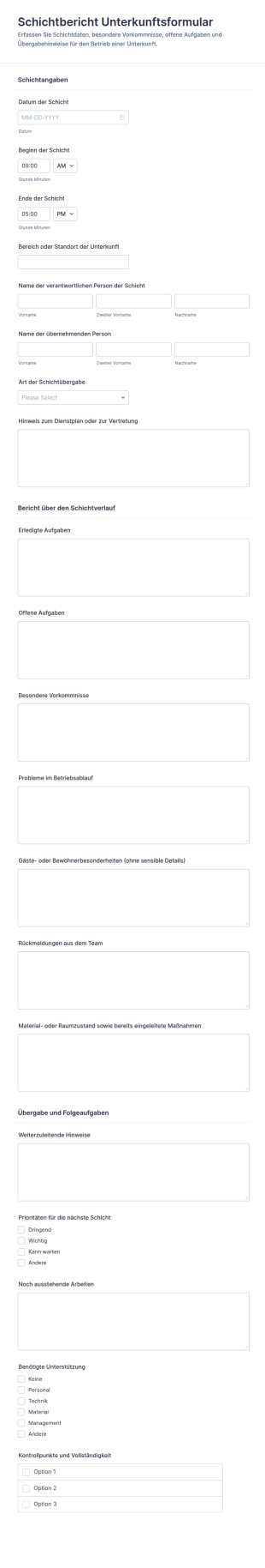 Unterkunftsschichtbericht Formular