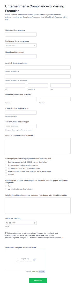 Unternehmens Compliance Erklärung Formular