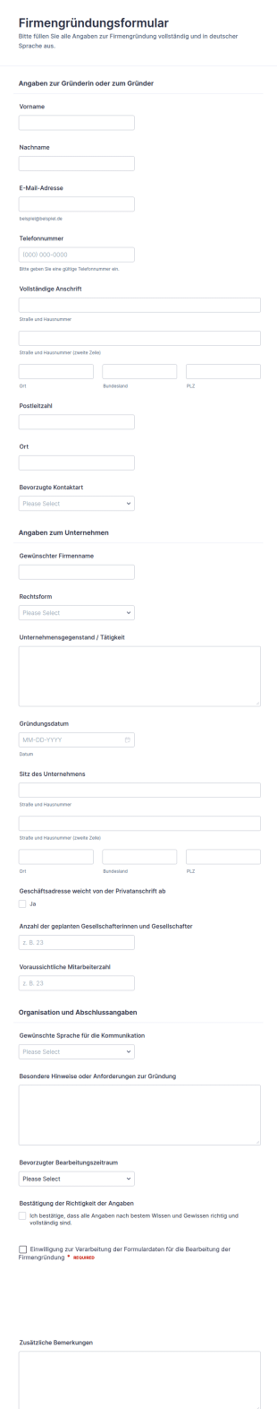 Unternehmensgründungsdaten Erhebungsbogen