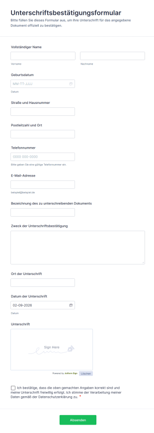 Unterschriftsbestätigungsformular