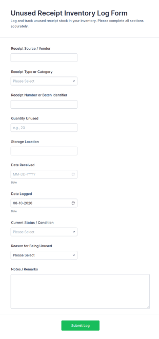 Unused Receipt Inventory Log Form Template